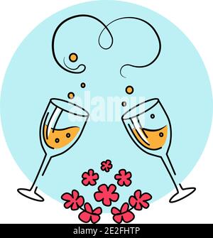 Vector Illustration of two Glass of wine, Couple of champagne and flowers for Valentine's Day, wedding, engagement, marriage, birthday. Congratulation Stock Vector