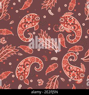 Paisley ethnic seamless vector pattern with floral elements. Stock Vector