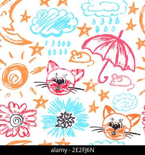 Seamless drawing. Colored wax crayons. Icons, signs, symbols, pins. Clouds, rain, moon, stars, umbrella, mouse, cat, flowers Stock Vector