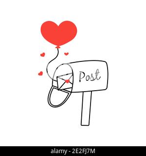 Open mailbox with heart envelope and heart shape balloon. Happy Valentines Day. Declaration of love, feelings, congratulations card. Vector isolated i Stock Vector