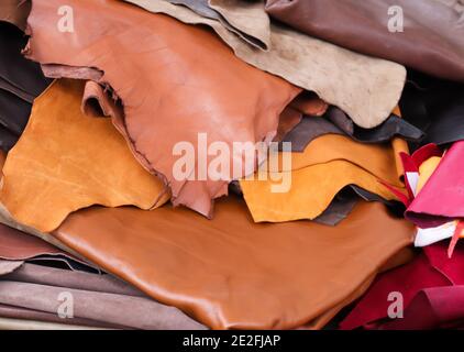 Closeup shot of various colorful leather pieces or samples can be used as background Stock Photo