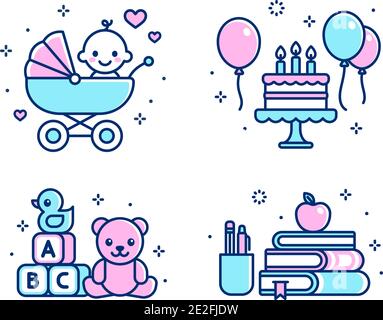 Childhood icon set. Baby in stroller, birthday cake, toys, school supplies. Simple cartoon line icons, isolated vector illustration. Stock Vector