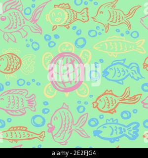Seamless children's drawing. Colored wax crayons. Icons, signs, symbols. Underwater. Fish, turtle Stock Vector