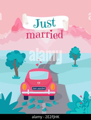 Just married greeting card with cute retro car to went honeymoon trip. Cute vector illustration in flat style Stock Vector