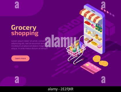 Grocery shopping isometric landing page, web banner on purple background. Supermarket cart full of products. Food storage shelves, racks in market shop on mobile phone. E-commerce online store concept Stock Vector