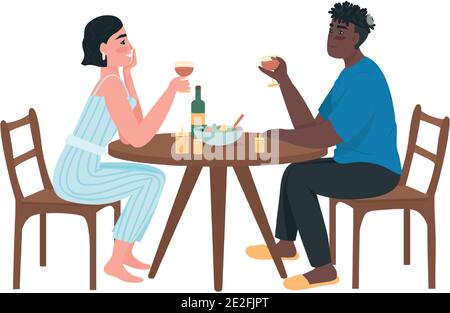 Interracial couple on romantic date flat color vector faceless characters Stock Vector