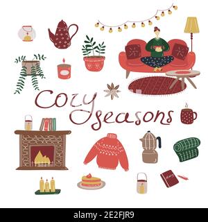 Cozy interior items. Details of hygge living room. Room in scandinavian style flat vector illustration Stock Vector