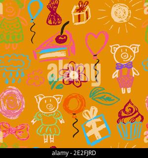 Seamless children's drawing. Colored wax crayons. Icons, signs, symbols, pins. Cake, cupcake, balloons, piggy Stock Vector