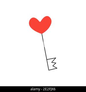 Heart Key. Key with a red heart. Valentines Day. Confession of feelings. Vector isolated illustration doodle hand drawn. The 14th of February. Icon or Stock Vector