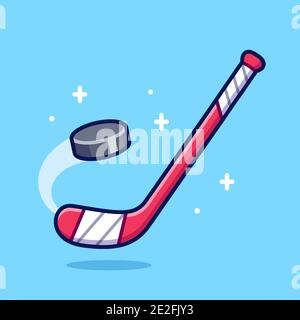 Red hockey stick hitting hockey puck, simple flat cartoon style. Winter sports vector clip art illustration. Stock Vector