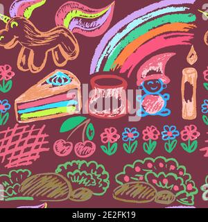 Seamless children's drawing. Colored wax crayons. Icons, signs, symbols, pins, rainbow Stock Vector