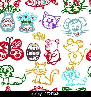 Seamless children's drawing. Colored wax crayons. Icons, signs, symbols, pins. Animals and flowers Stock Vector