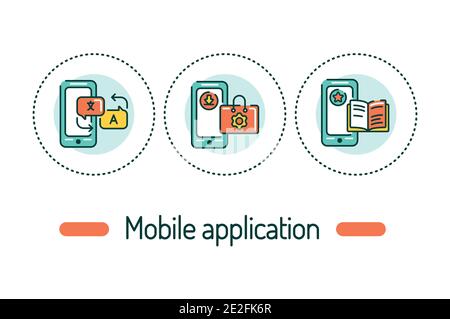 Mobile applications outline concept. Smartphone app line color icons. Pictograms for web page, mobile app, promo Stock Vector