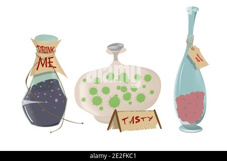 A variety of fantasy potions with inscriptions.  Stock Vector