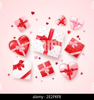 Set of gifts in square and hearts shaped boxes with silk ribbon and bow. Present for Valentine's day decorated confetti. Vector Stock Vector