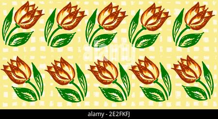Seamless pattern. Cage, squares, plaid, polo. Vector abstract hand drawing with stripes of acrylic paints and brushes. Geometric texture. Flowers Stock Vector
