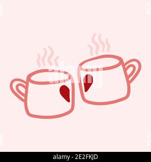 Valentines Day theme doodle Vector icon of hand drawn two cups of tea of coffee with heart shape isolated on a pink Stock Vector