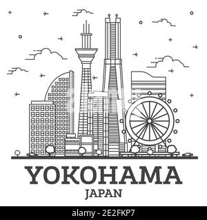 Outline Yokohama Japan City Skyline with Modern Buildings Isolated on White. Vector Illustration. Yokohama Cityscape with Landmarks. Stock Vector