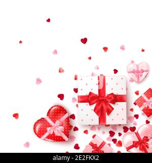 Gifts in square and hearts shaped boxes with silk ribbon and bow. Present for Valentine's day decorated confetti. Template for banner or greeting card Stock Vector
