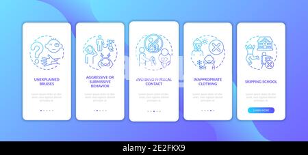 Signs of child abuse and neglect dark blue onboarding mobile app page screen with concepts Stock Vector