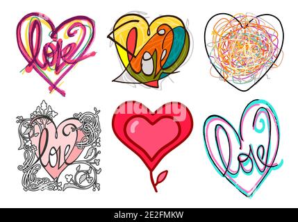 Six Hand drawn different Graphic Style colored Hearts - set 3 Stock Vector