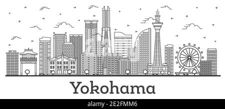 Outline Yokohama Japan City Skyline with Modern Buildings Isolated on White. Vector Illustration. Yokohama Cityscape with Landmarks. Stock Vector