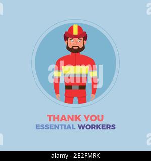 Fireman blue thanks essential workers logo - Vector Stock Vector