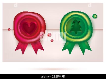 Wax Seal Set with Ribbons. Retro Stamp on Envelope. Green New Year Wax Seal and Red Stamp for Valentines Day. Vector Illustration. Stock Vector