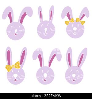 Easter illustration. Happy Easter. Set of hand drawings, Easter bunny. A collection of images of hares. Pink pastel Stock Vector