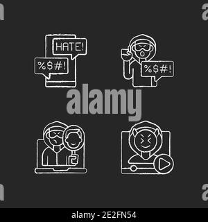 Online bullying chalk white icons set on black background Stock Vector