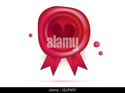 Wax Seal with Red Heart and Ribbons Isolated on White. Valentines Day Design Element. Vector Illustration. Stock Vector