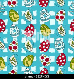 Seamless pattern, background. Easter illustration. Happy Easter. Hand drawing, easter eggs. Blue palette Stock Vector