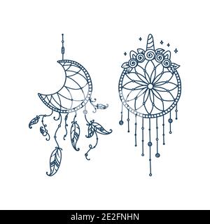 Boho dreamcatchers with feathers and arrow. Doodle set of dreamcatchers in shape of crescent moon, unicorn circle with wreath. Vector illustration in Stock Vector