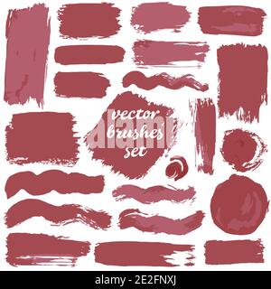 Collection of dirty elements. Large set of two-color brushes, dots, inks, strokes and lines. Vector illustration. Isolated. Red shades Stock Vector
