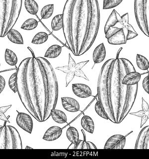 Hand drawn sketch style carambola seamless pattern. Organic fresh fruit vector illustration. Retro fruit background Stock Vector