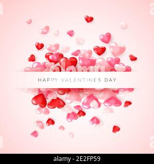 Valentine's day greeting card. Confetti glossy red heart on pink background with frame and lettering Happy Valentines day. Vector Stock Vector