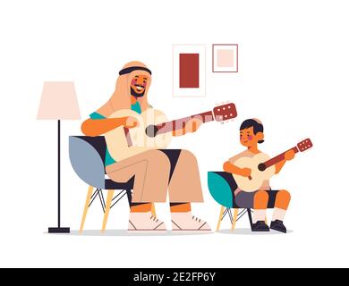 arab father teaching little son to play the guitar parenting fatherhood concept dad spending time with his kid full length horizontal vector illustration Stock Vector