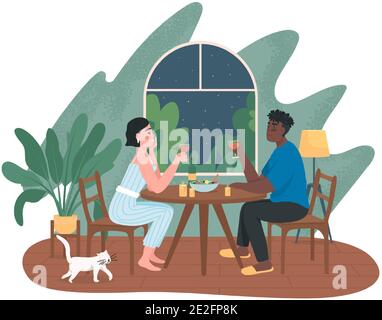 Couple on romantic dinner date at home 2D vector web banner, poster Stock Vector