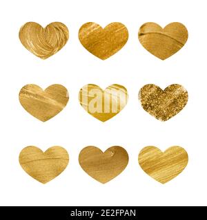 Set of golden hearts shining brush strokes.Romantic decorative icons for valentine or wedding glittering card.Vector illustation.Eps10 Stock Vector