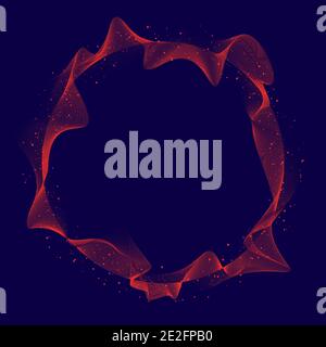 Abstract illuminated red dynamic circle waves line of particles array on dark background. Technology digital explosion concept. Vector illustration Stock Vector