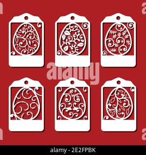 Easter eggs Tag set. White ornamental eggs for laser cutting on red background. Icons for greeting card. Stock Vector