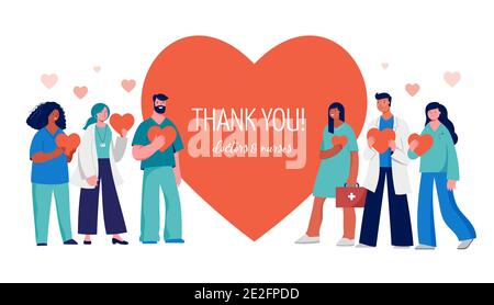 Thank you doctors and nurses concept design - group of medical professionals on a red heart background Stock Vector