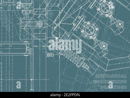 Vector engineering illustration. Mechanical engineering Corporate Identity. Instrument-making drawings. Computer aided design systems Stock Vector