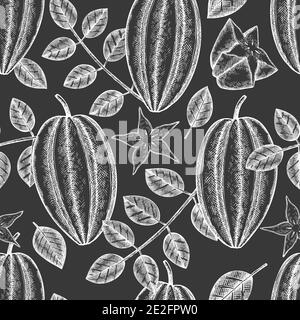 Hand drawn sketch style carambola seamless pattern. Organic fresh fruit vector illustration on chalk board. Retro fruit background Stock Vector