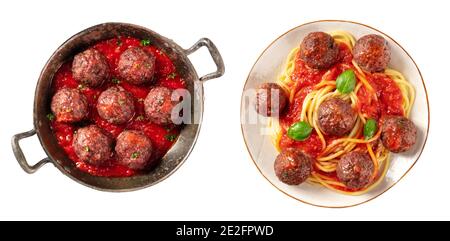 Meatballs set, isolated on a white background. Meatballs with tomato sauce in a pan and with pasta and basil on a plate, top shot Stock Photo