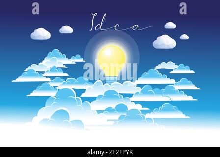Illustration of the idea of a light bulb in the clouds in the sky. Example of a rational idea with a light bulb for management Stock Vector