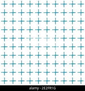 Blue and white simple repeat border seamless pattern. Drawing is composed of rough squares, grid, twisted dotted lines like crosses Stock Vector