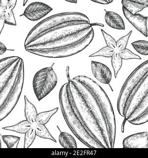 Hand drawn sketch style carambola seamless pattern. Organic fresh fruit vector illustration. Retro fruit background Stock Vector