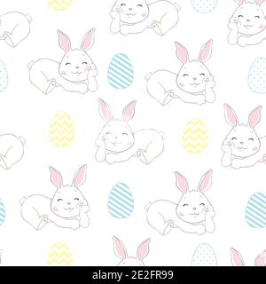 Cute Bunny Rabbit Seamless Pattern Vector Background Stock Vector