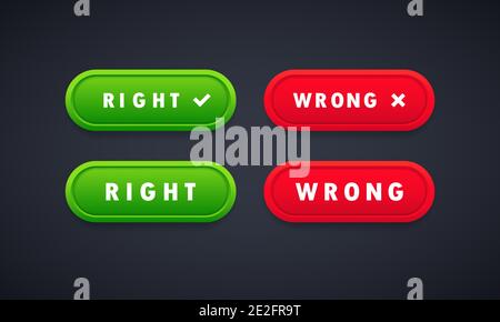 Right and wrong green and red buttons set. UI, UX web elements. Illustration of right or wrong icons. Different variations of ticks and crosses repres Stock Vector